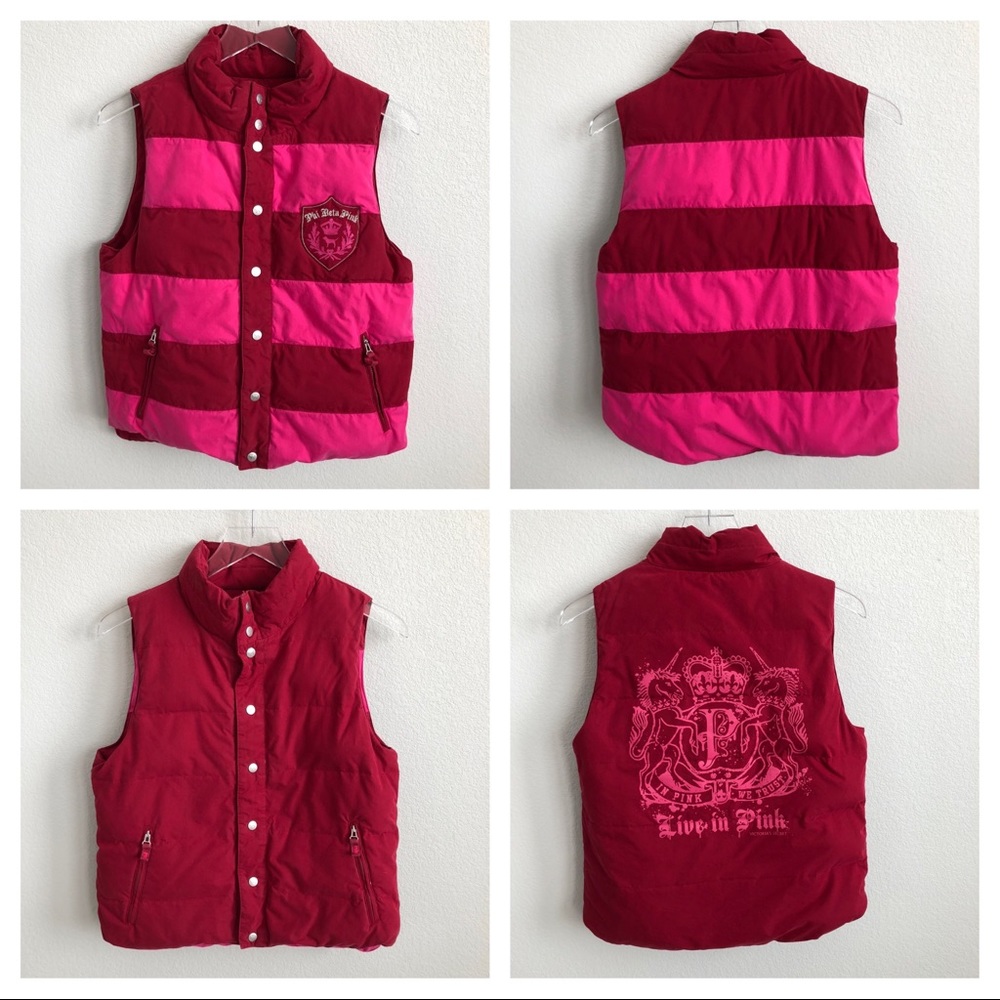 Vs Pink Reversible Quilted Puffer Vest Stripes Gem